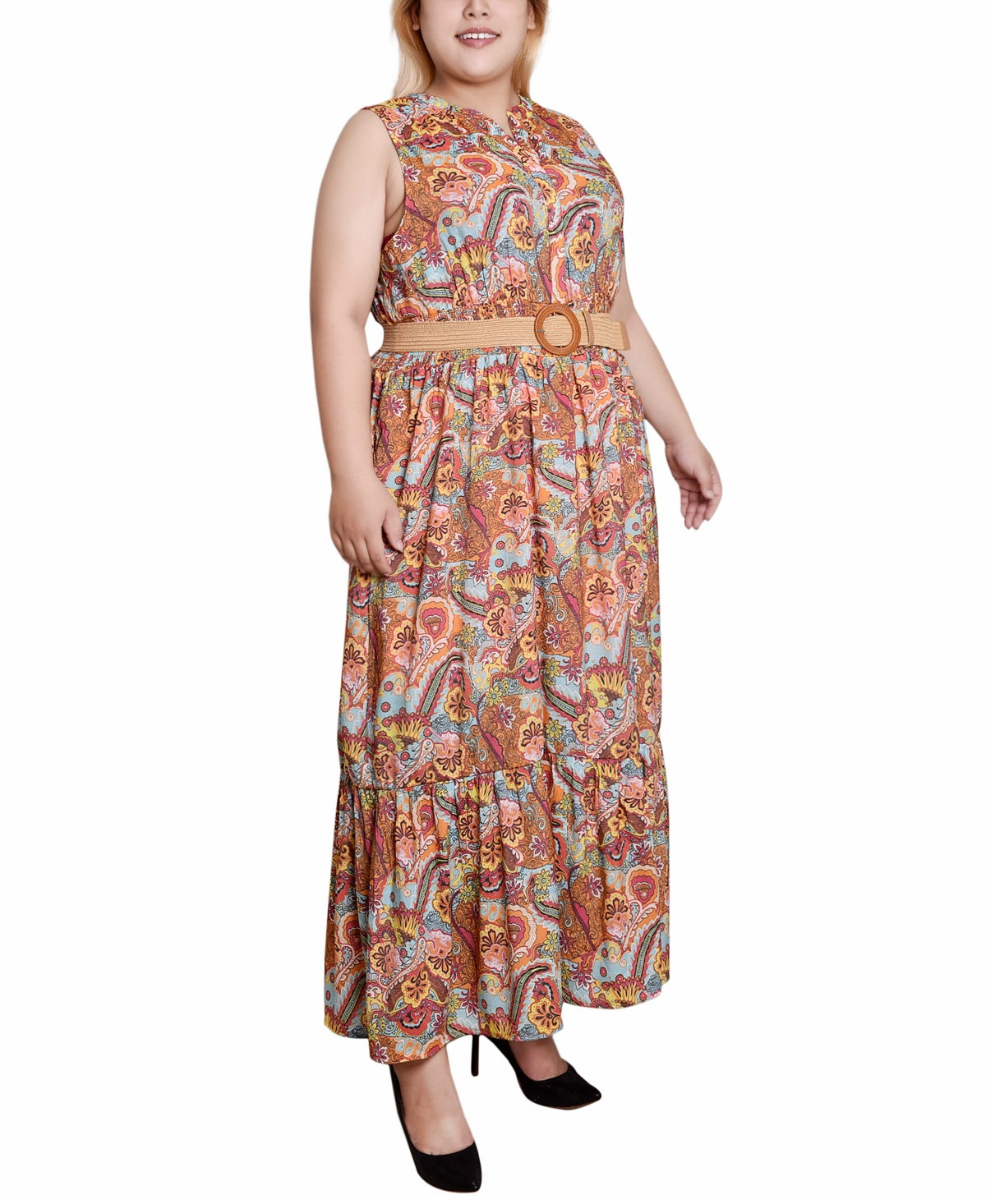 Shop Ny Collection Plus Size Sleeveless Belted Midi Dress In Orange Mint Vines