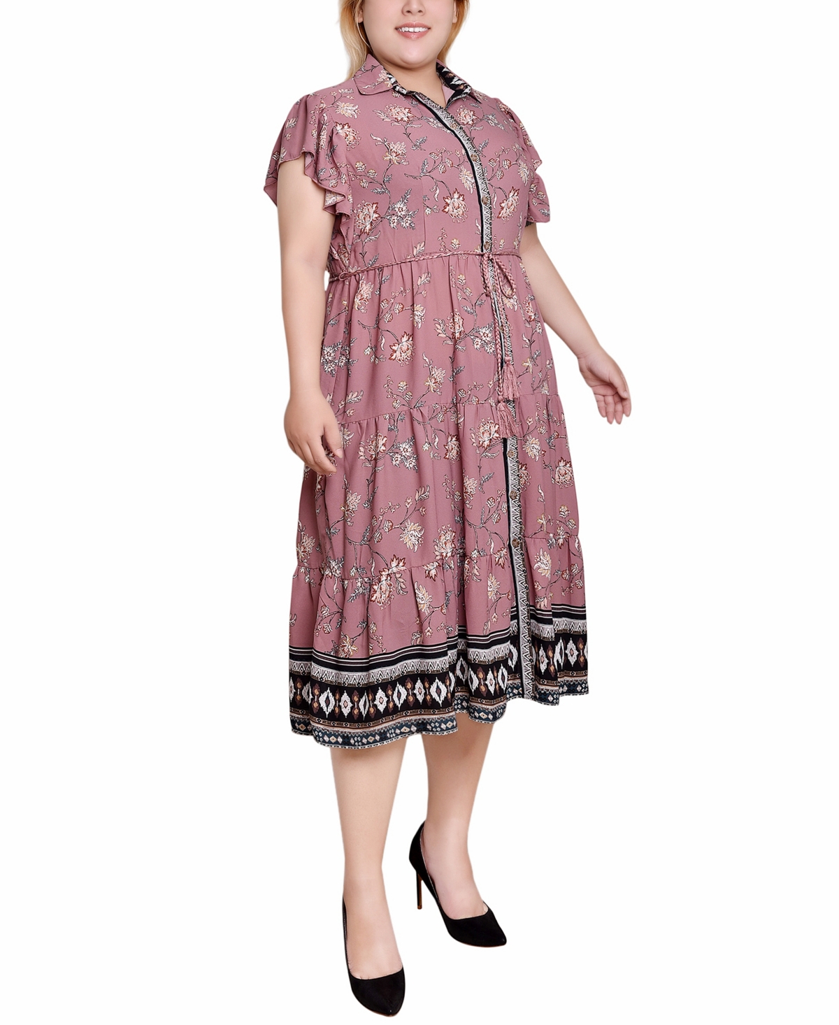 Ny Collection Plus Size Short Sleeve Tiered Border Print Dress In Mauve Floral