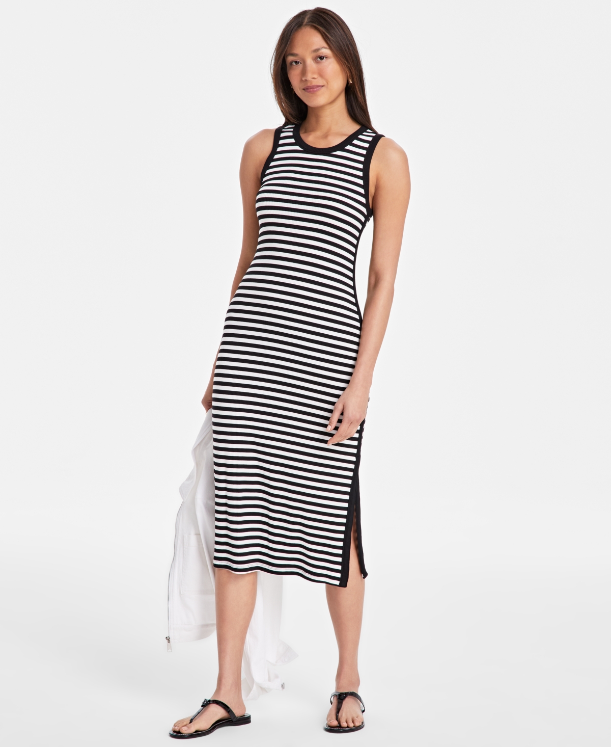 On 34th Women's Ribbed Knit Midi Dress, Exclusively At Macy's In Deep Black Stripe
