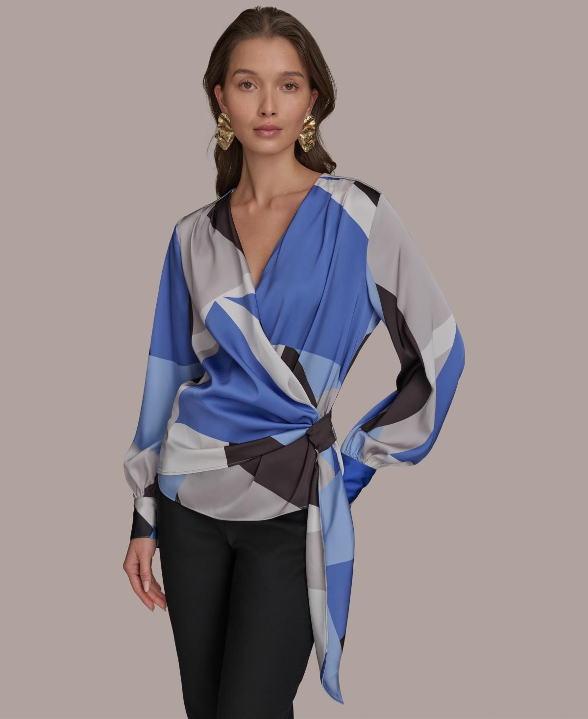 Shop Donna Karan Women's Faux-wrap Long-sleeve Top In Cielo Multi