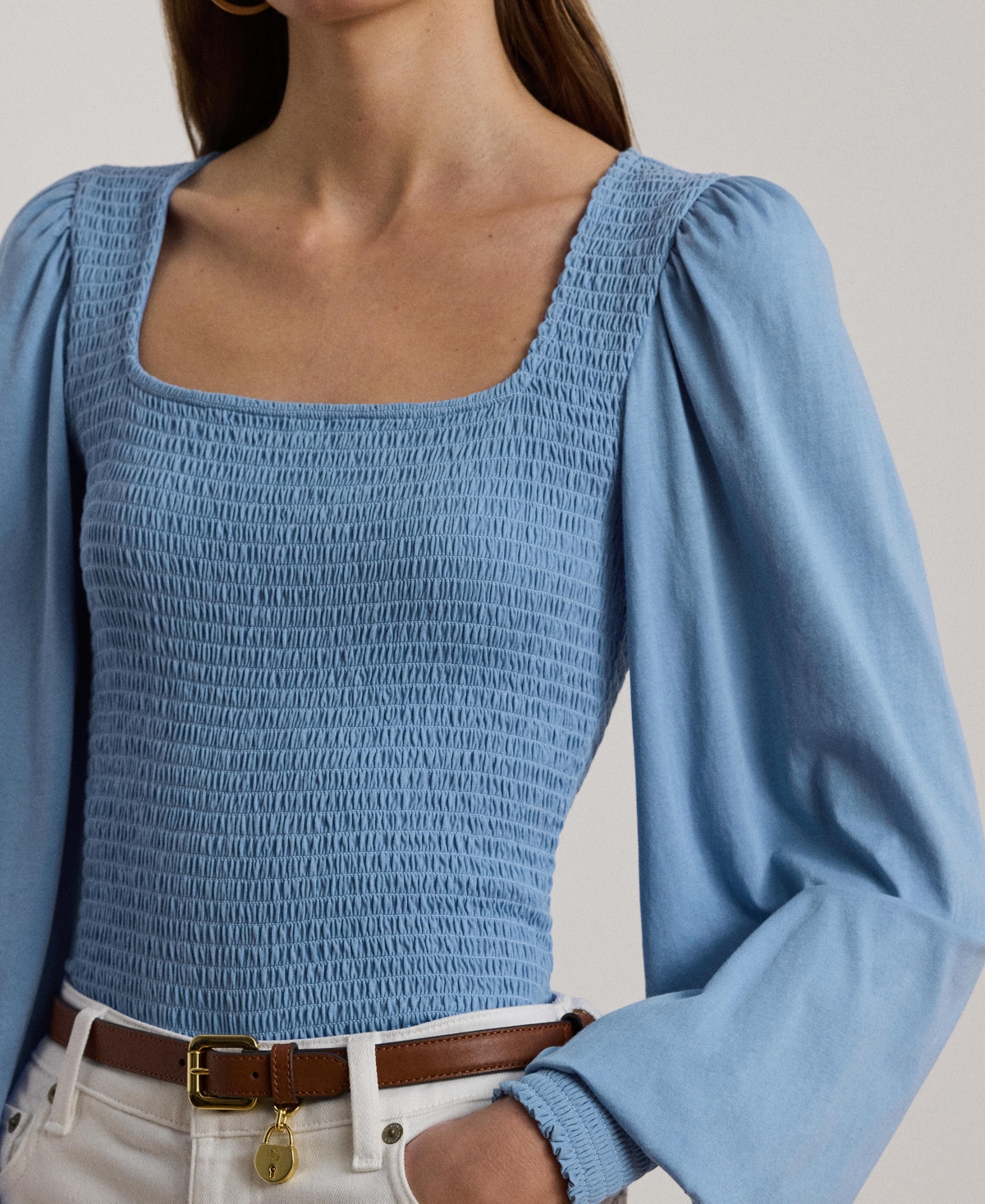 Shop Ralph Lauren Women's Smocked Jersey Blouson-sleeve Top In Sky Blue