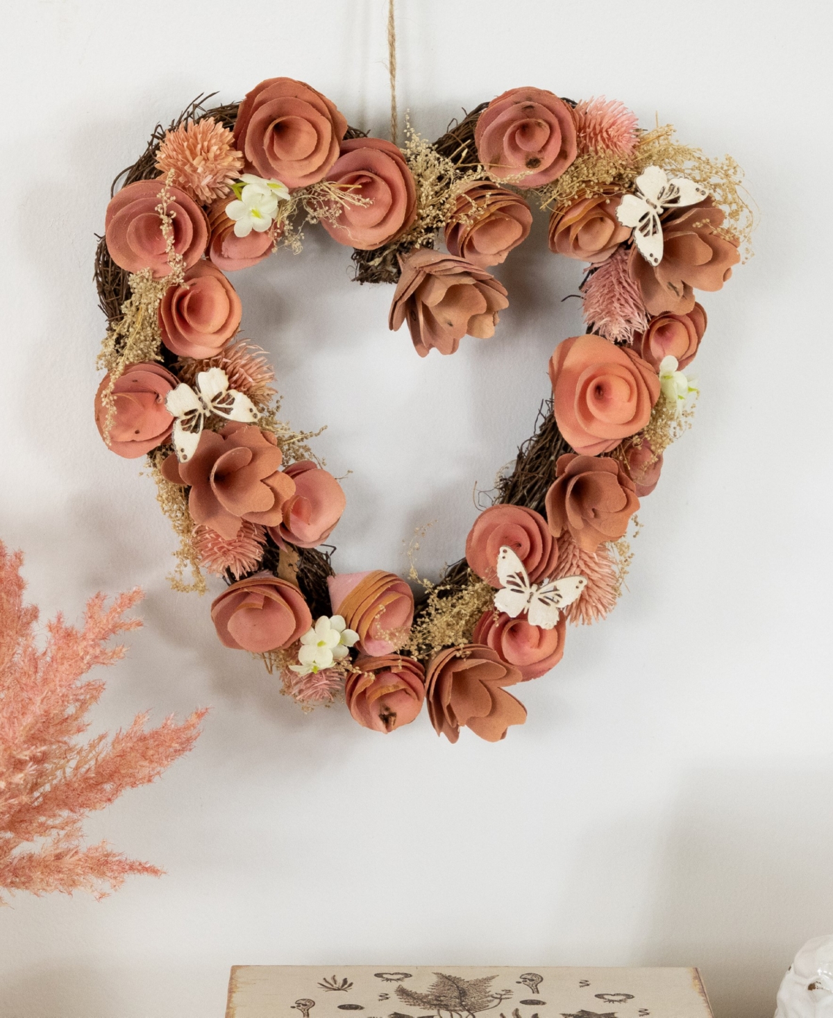 Northlight 10" Wooden Heart Spring Wreath With Butterflies In Pink