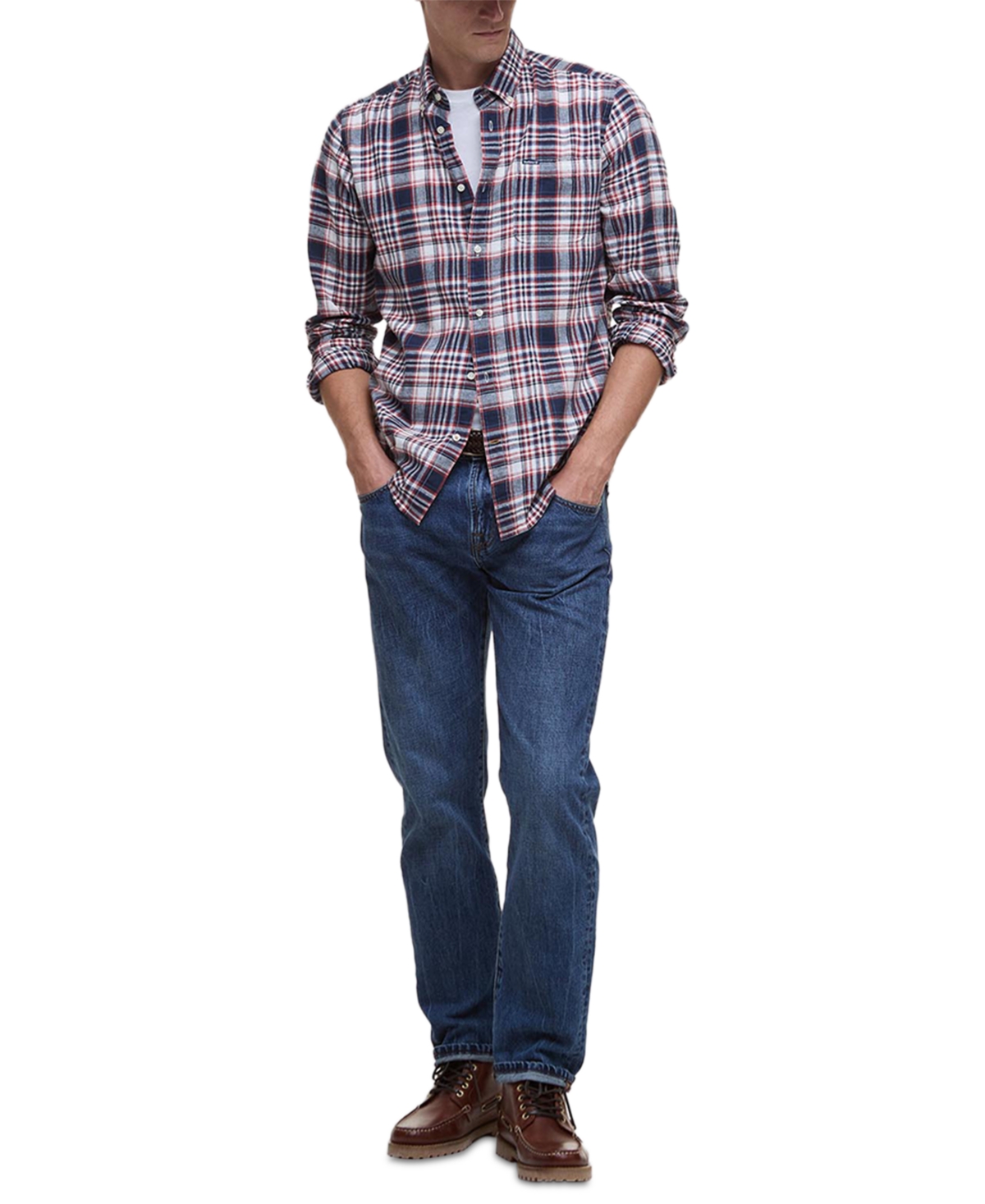 Shop Barbour Men's Tailored-fit Bridport Linen-blend Plaid Shirt In Navy