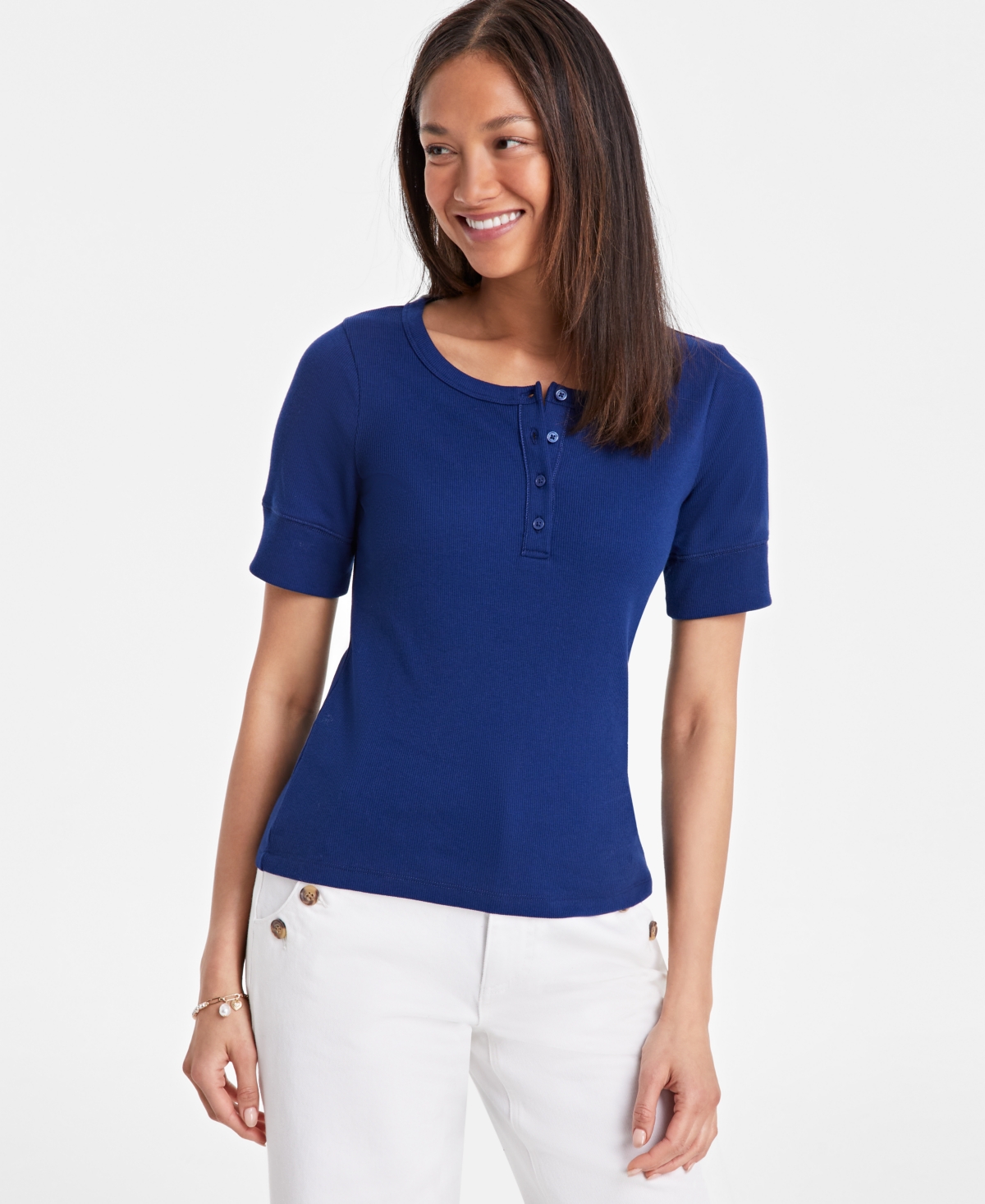 Women's Short Sleeve Ribbed Henley Tee, Exclusively at Macy's - Pink Dogwood