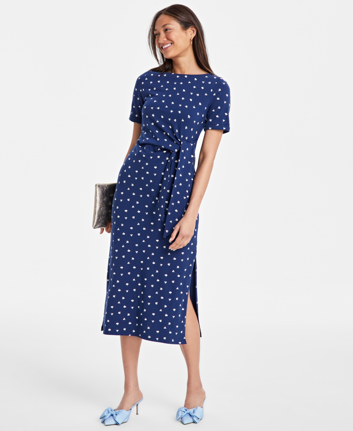 Women's Printed Crewneck Wrap Tie Dress, Created for Macy's - Blazing Navy
