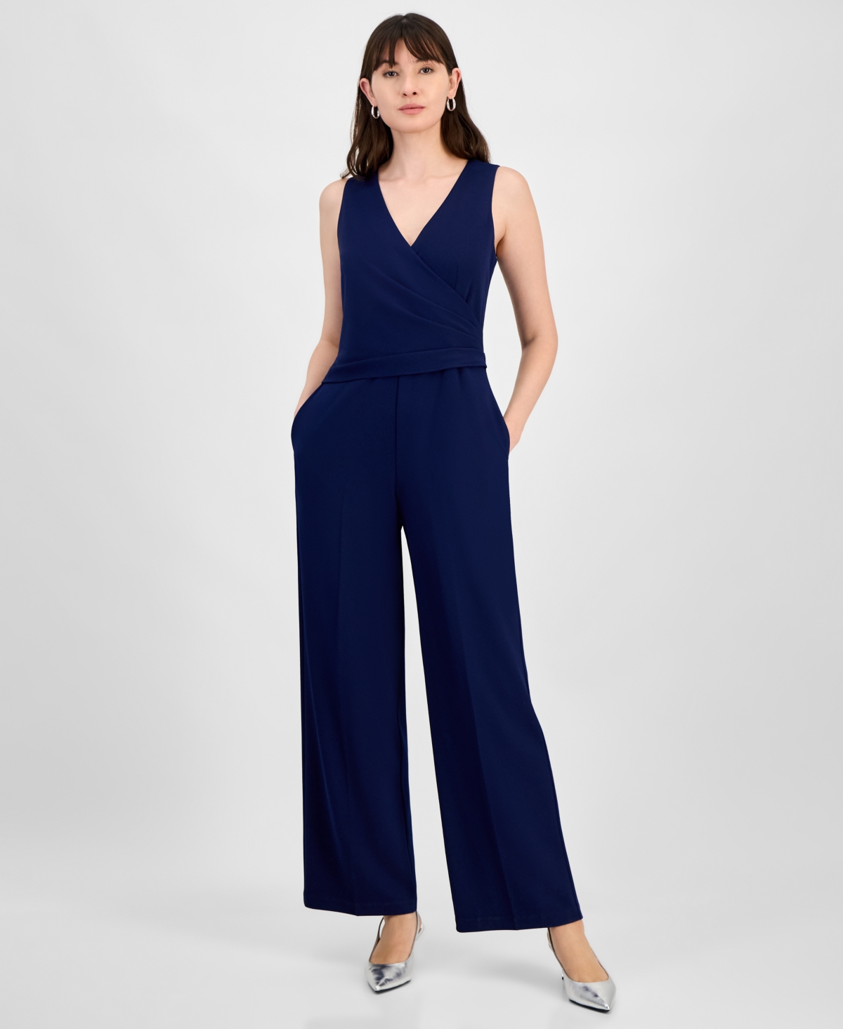 Anne Klein Cool Crepe V-neck Jumpsuit In Distant Mountain