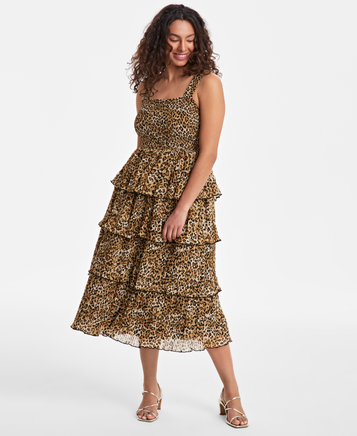 Women's Printed Smocked Ruffle-Tiered Midi Dress, Exclusively at Macy's - Sunset Nude