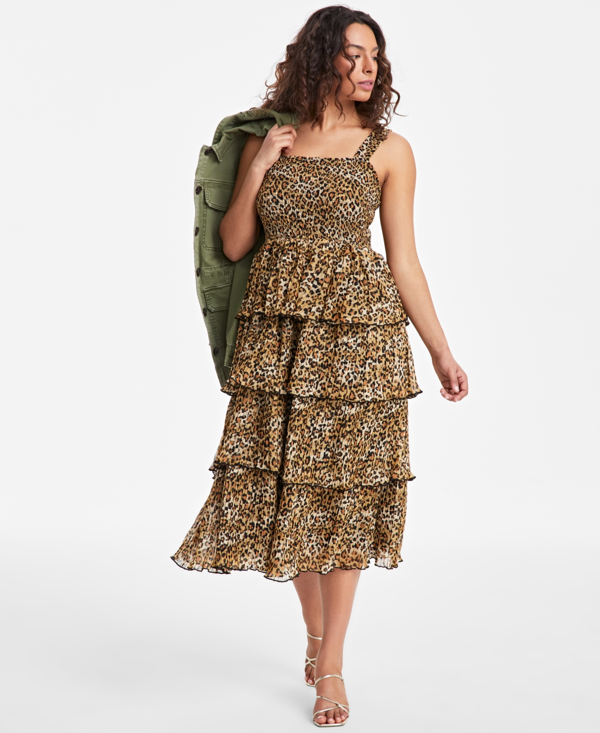 On 34th Women's Printed Smocked Ruffle-tiered Midi Dress, Exclusively At Macy's In Sunset Nude
