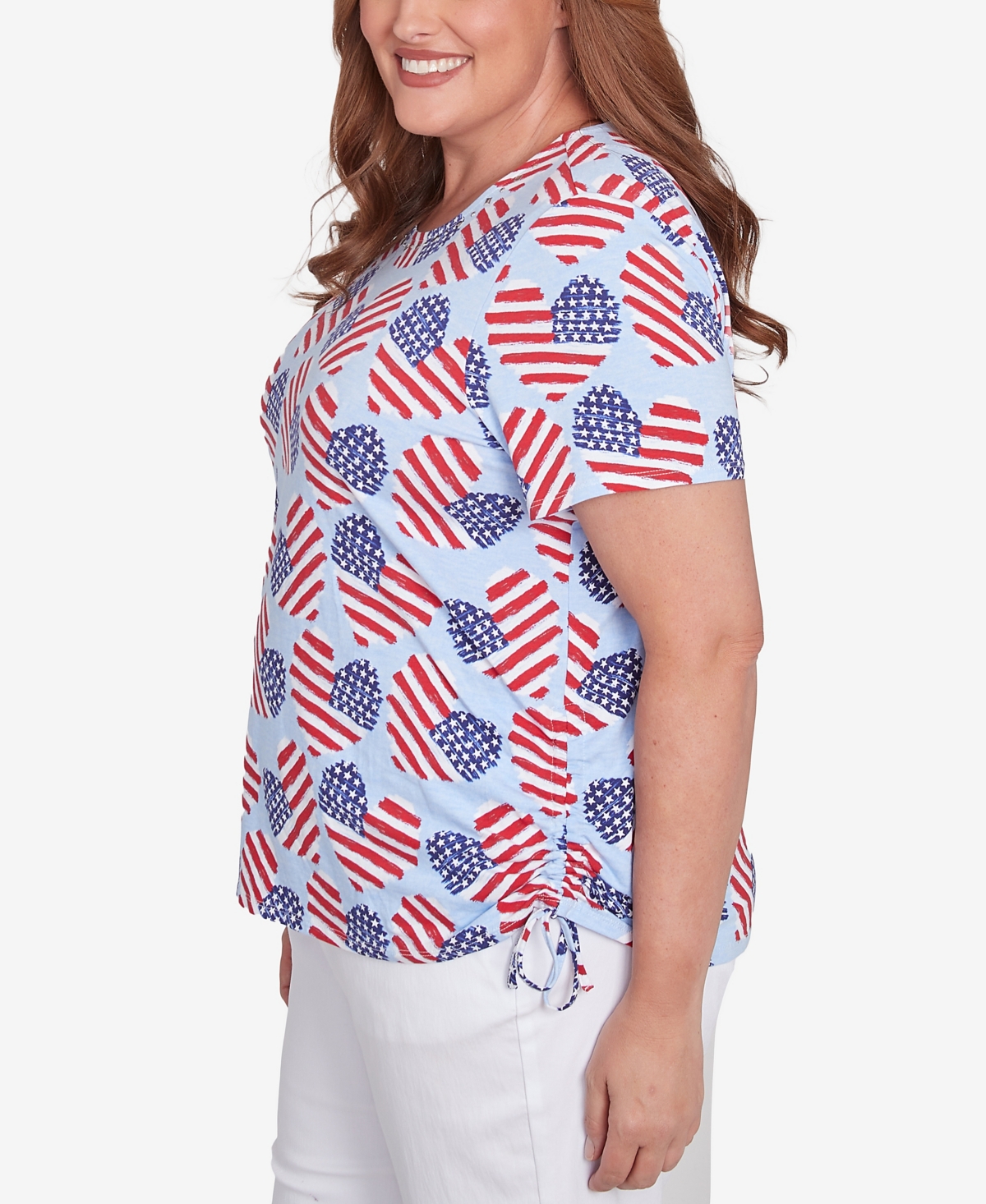 Alfred Dunner Plus Size Flag Heart Top With Side Ruching In Blue