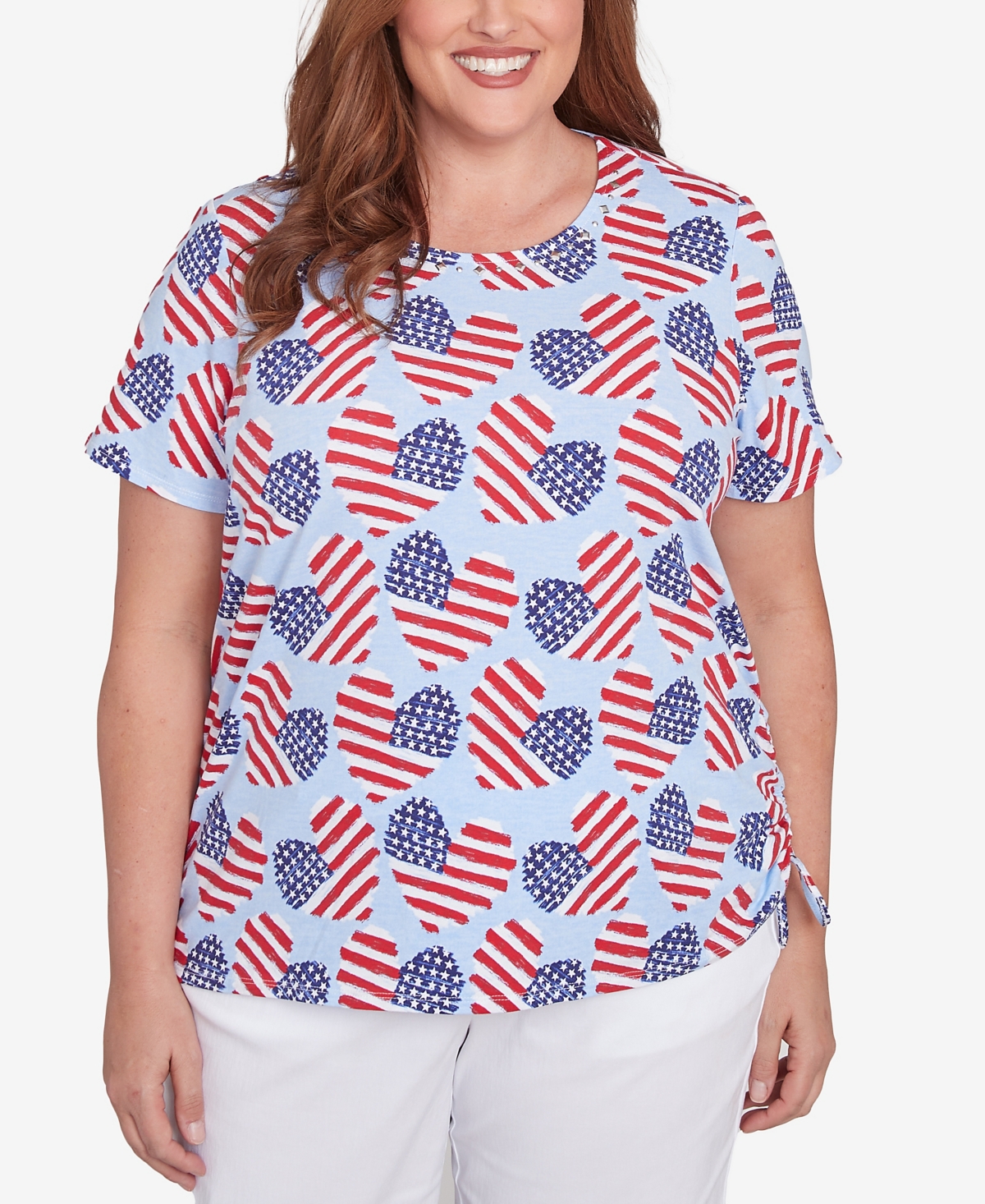 Alfred Dunner Plus Size Flag Heart Top With Side Ruching In Blue