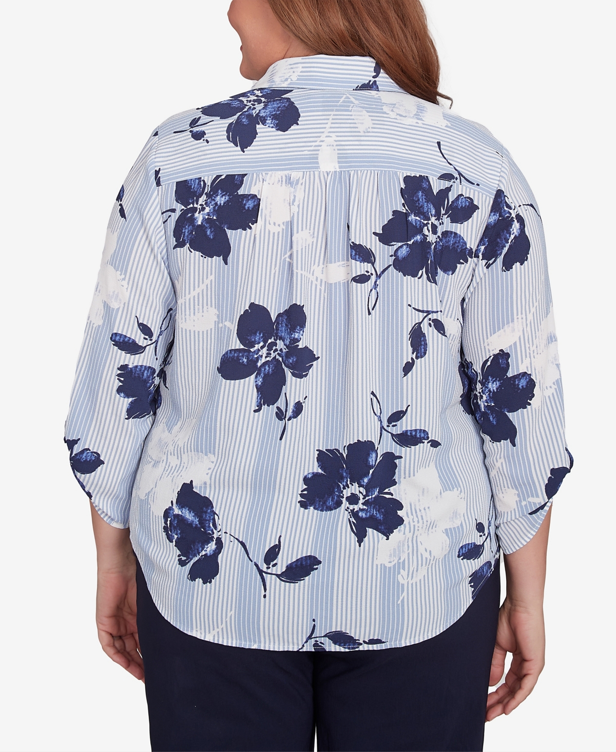 Alfred Dunner Plus Size Classic Striped Flower Button Front Tie Sleeves Blouse In Navy
