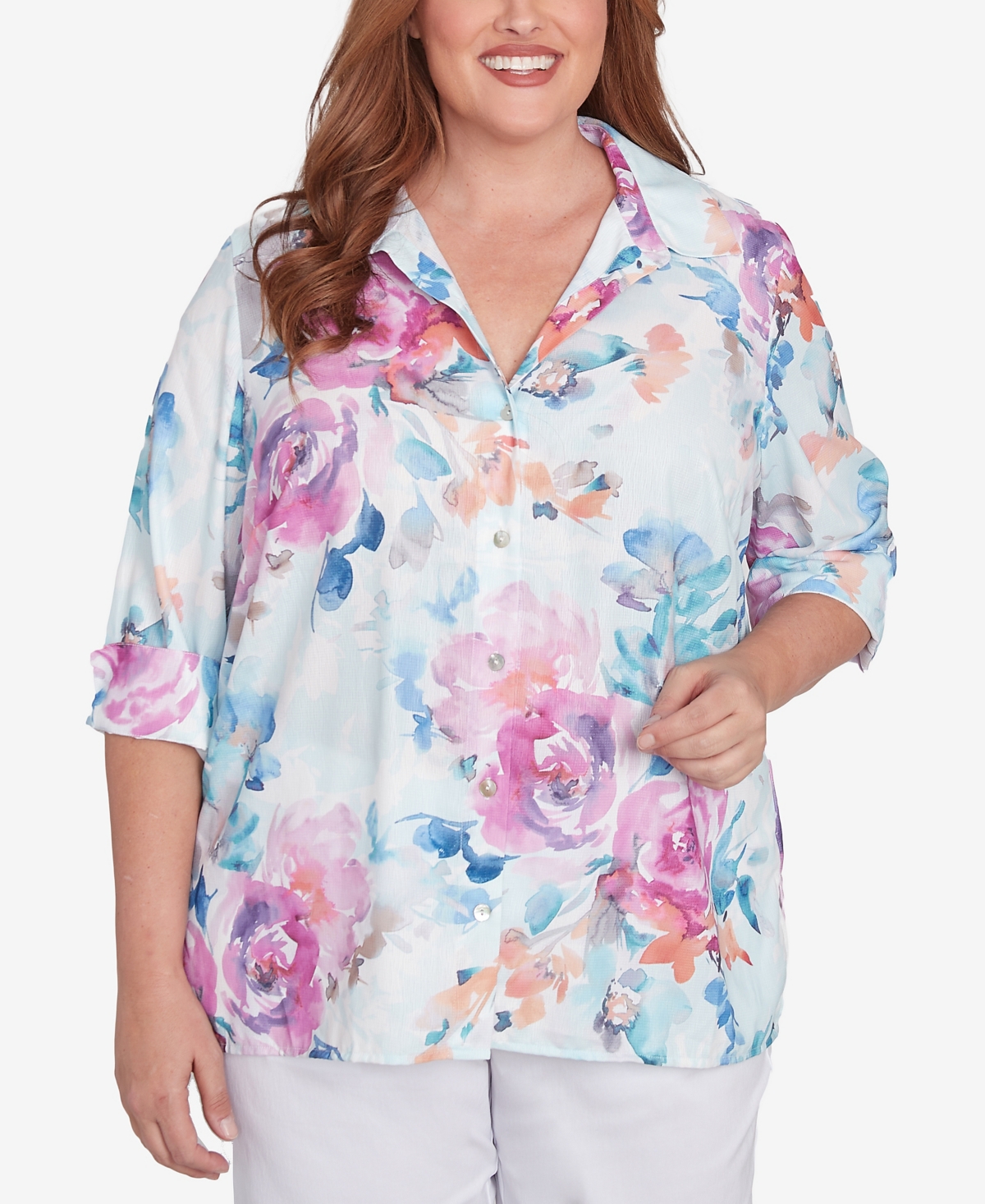 Alfred Dunner Plus Size Classic Floral Watercolor Button Down Top In Iris