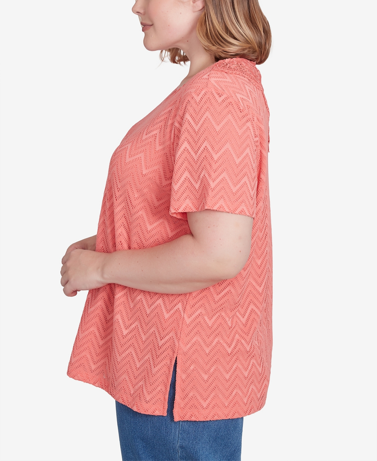 Alfred Dunner Plus Size Classic Textured Chevron Lace Back Tee In Coral