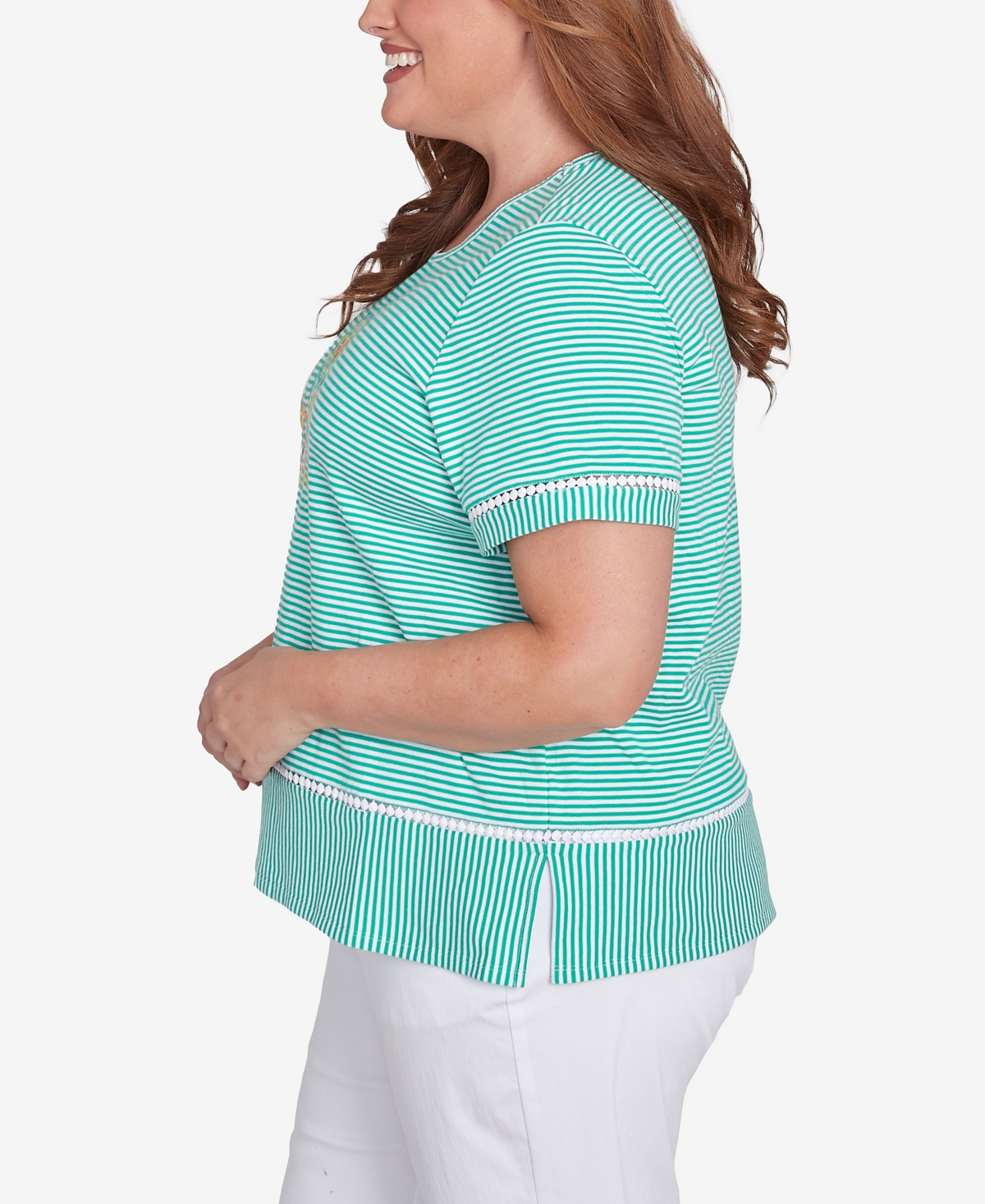 Alfred Dunner Plus Size Classic Owl Knit Striped Tee In Jade