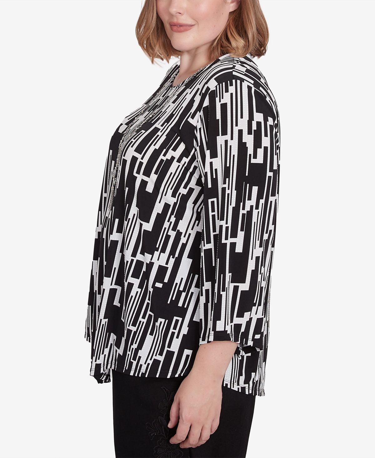 Alfred Dunner Plus Size Classic Vertical Geometric Top With Necklace In Black,white