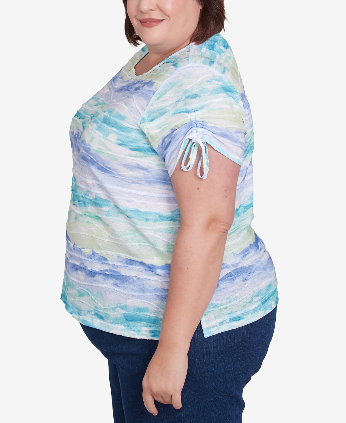 Alfred Dunner Plus Size Tied Short Sleeves Watercolor Top In Blue
