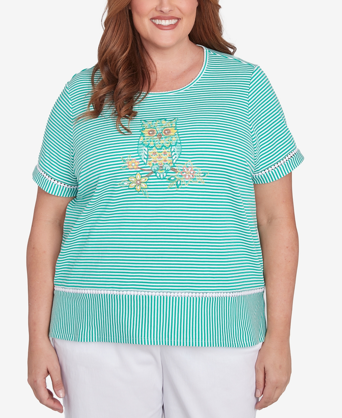 Alfred Dunner Plus Size Classic Owl Knit Striped Tee In Jade