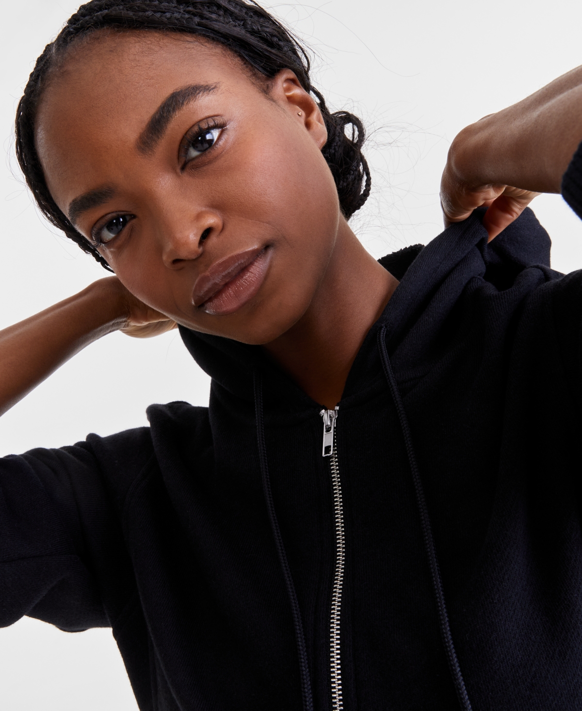 Shop Id Ideology Women's Cropped Full-zip Knit Hoodie, Exclusively At Macy's In Deep Black