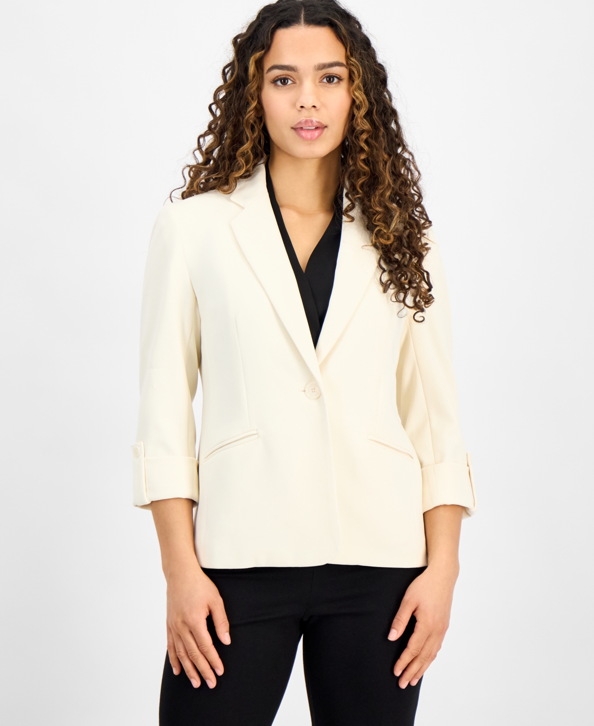 One-Button Roll-Tab-Sleeve Blazer, Regular & Petite - Bright White
