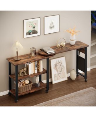 360° Rotating Side Table with Charging Station, Storage Bag & 6 Lockable Wheels Swivel End Table for Bedroom or Living Room