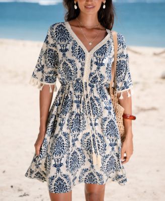 Women's Blue Boho V-Neck Mini Beach Dress