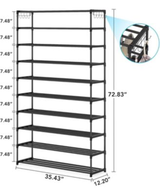 10-Tier Shoe Rack Metal with Hooks, Large Capacity Home Shoe Rack, Tall Shoe Storage Organizer for 50 Pairs, Space Saving Shoe Organization and Storage, Black