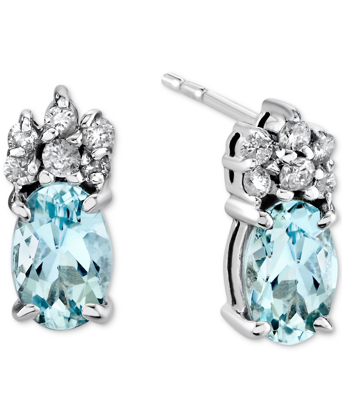 Macy's Aquamarine (3/4 Ct. T.w.) & Diamond (1/10 Ct. T.w.) Oval Cluster Stud Earrings In 14k White Gold In Aquamarine