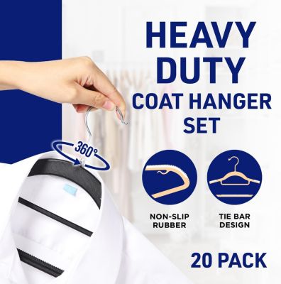 20 Pcs Dry & Wet Clothes Hangers – Heavy-Duty, Non-Slip with 360° Swivel Hook, Space-Saving Design, Tie Bar & Pants Bar – Black