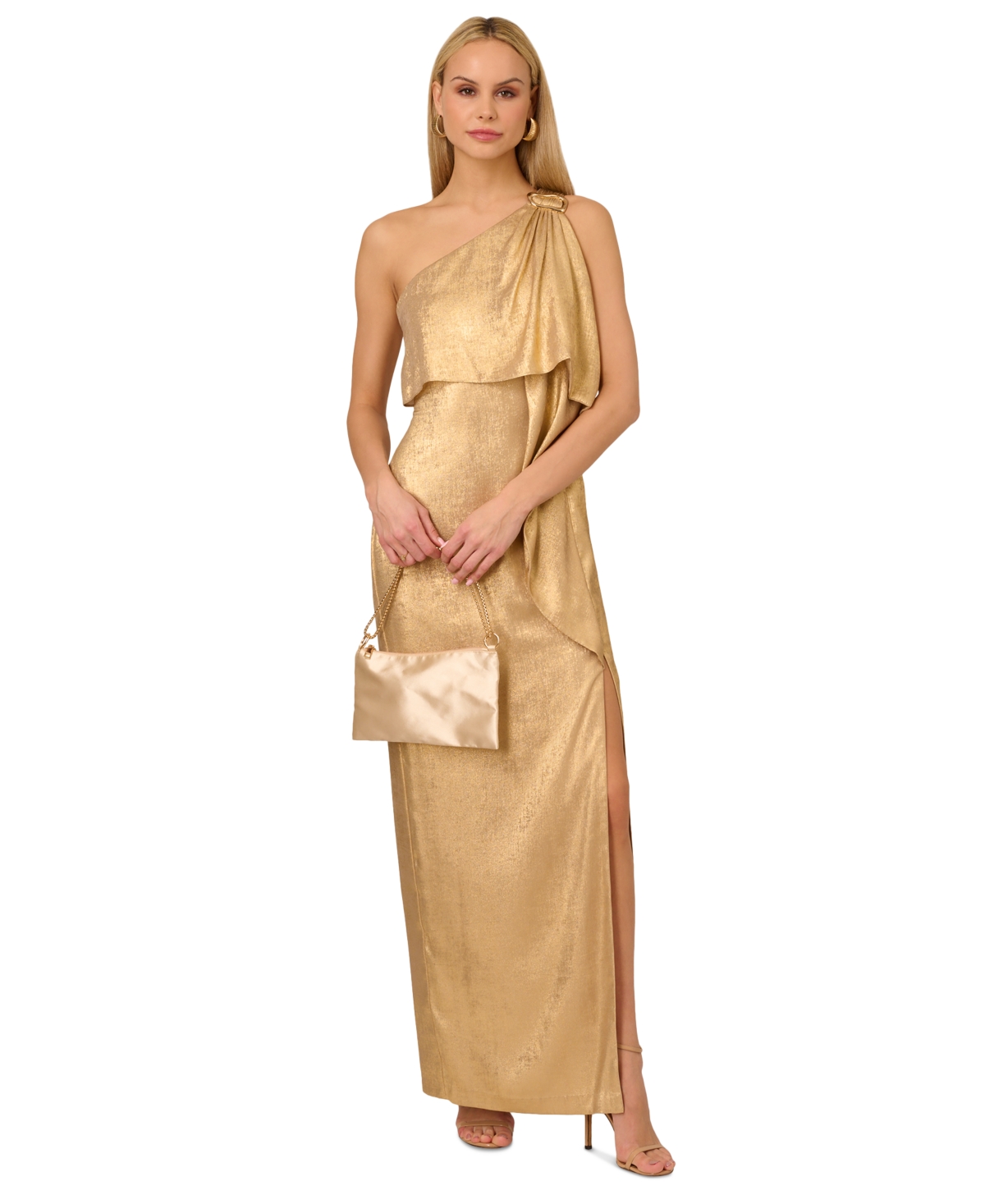 by Adrianna Papell Women's Metallic Layered One-Shoulder Gown - Light Gold