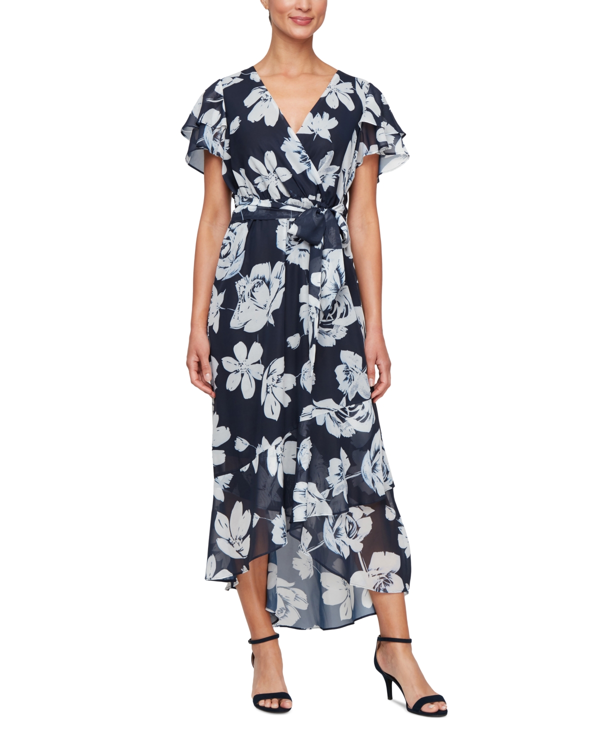 Women's Flutter-Sleeve High-Low Dress - Navy Multi