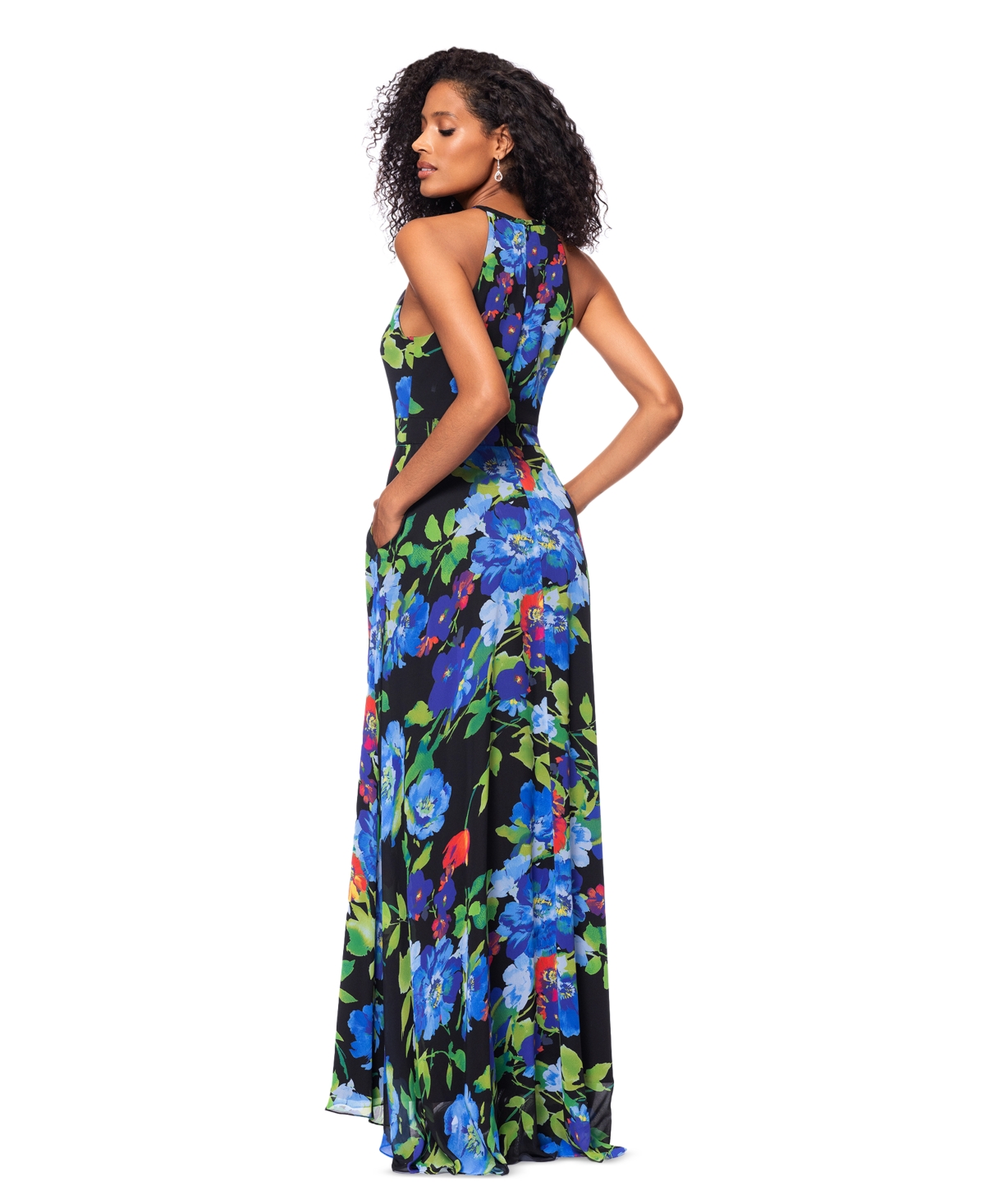 BETSY & ADAM BETSY & ADAM WOMEN'S PRINTED CHIFFON HALTER-NECK GOWN 
