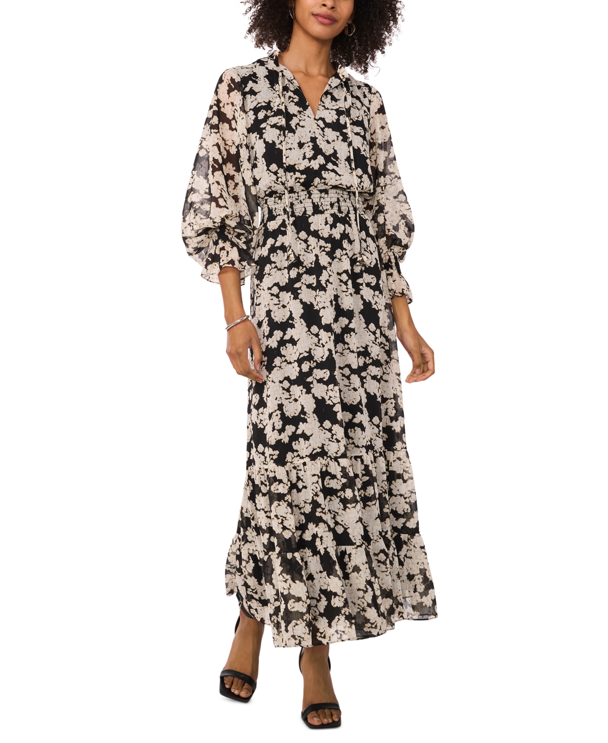 Shop Vince Camuto Women's Floral-print Smocked-cuff Maxi Dress In Rich Black