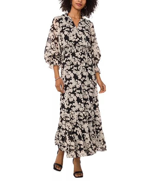 women's floral-print smocked-cuff maxi dress