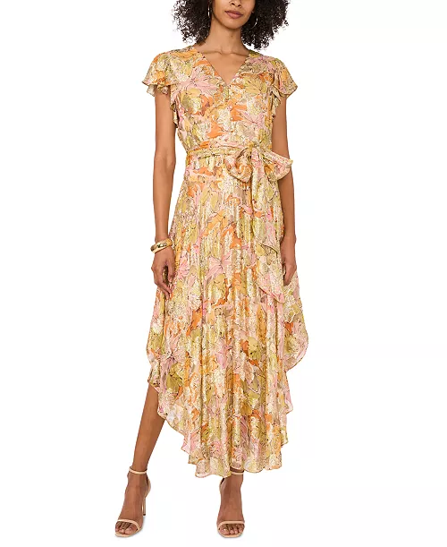 women's floral-print flutter sleeve asymmetrical maxi dress