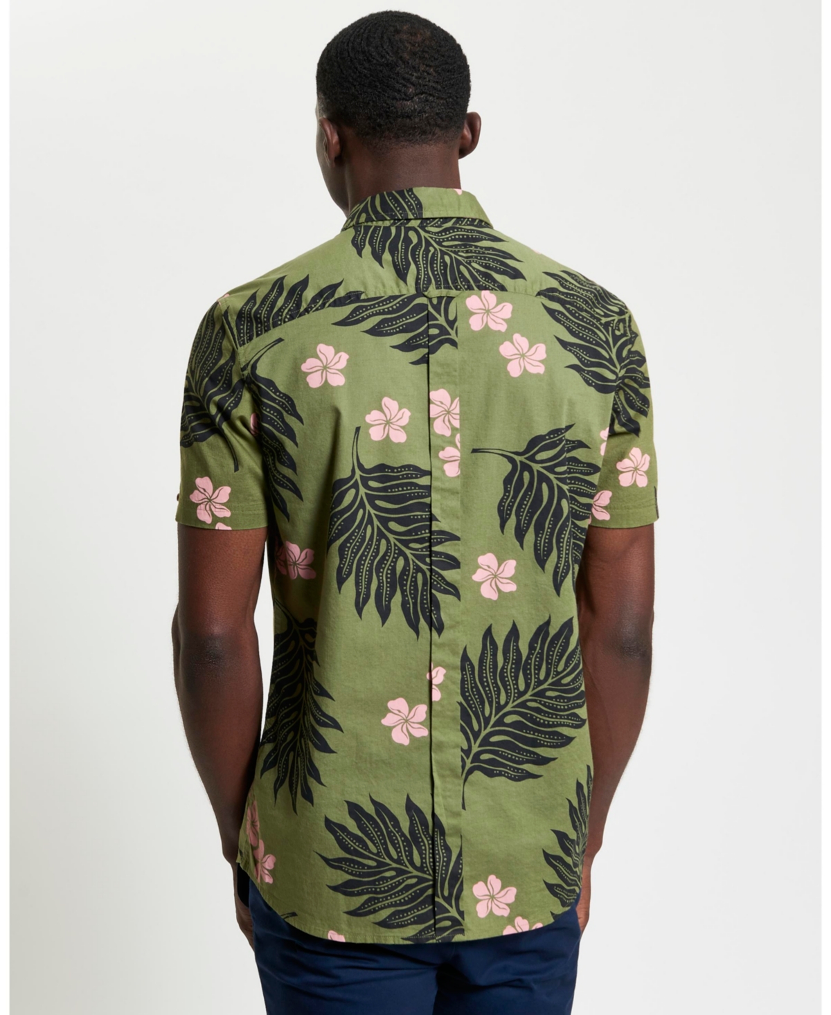 Ben Sherman Leaf Print Short Sleeve Cotton Button-up Shirt In Olive