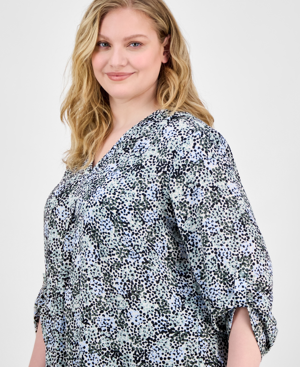 Ak Anne Klein Plus Size Printed Roll-tab-sleeve Tunic In Soft Aloe Multi