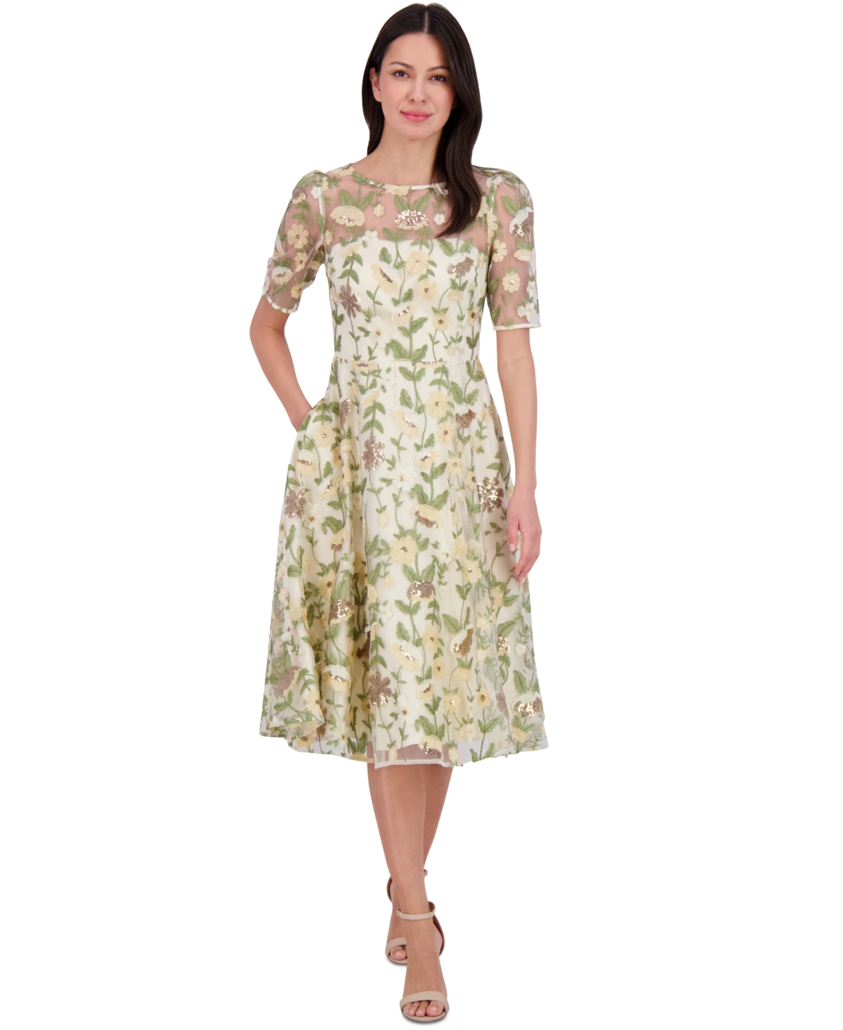 Eliza J Women's Embroidered Puff-sleeve Fit & Flare Midi Dress In Yellow