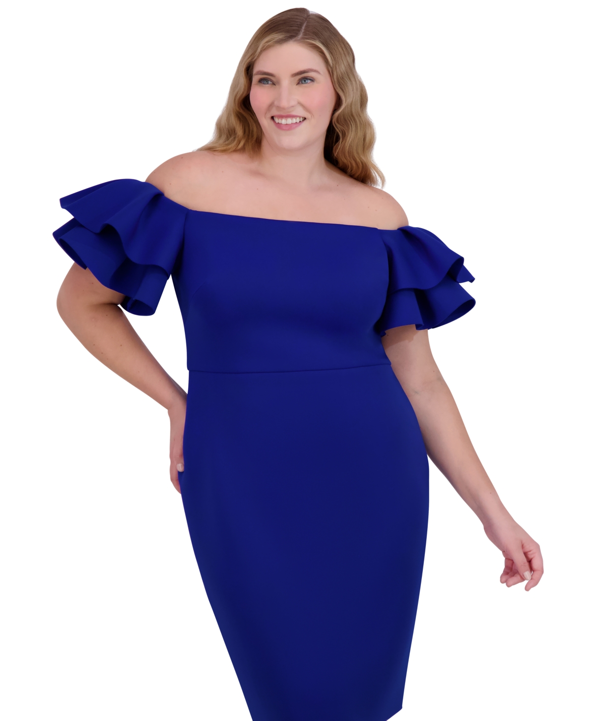 ELIZA J PLUS SIZE RUFFLED OFF-THE-SHOULDER SHEATH DRESS 