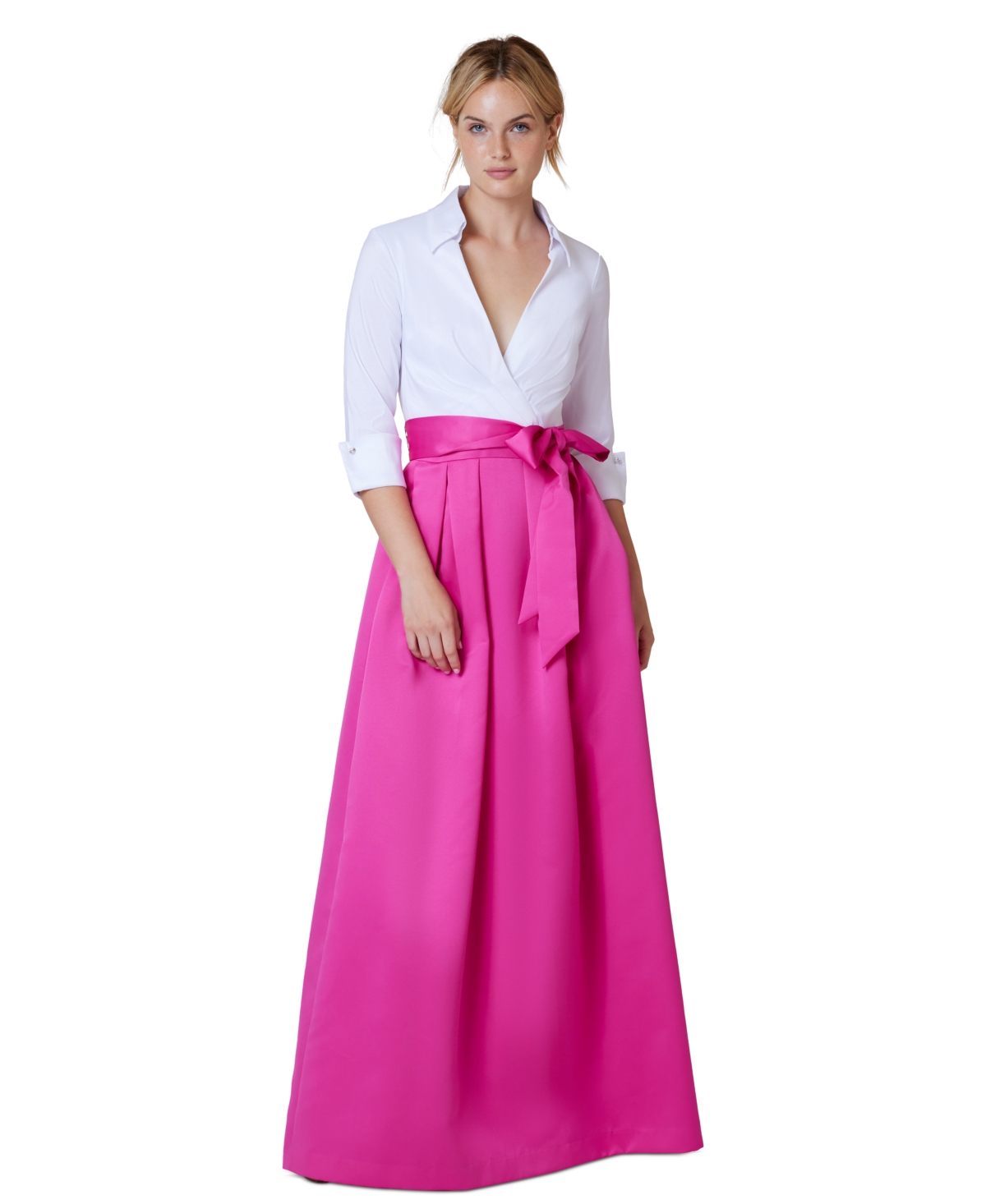 Jessica Howard Women's Colorblocked Collared Evening Gown In Fuschia,white