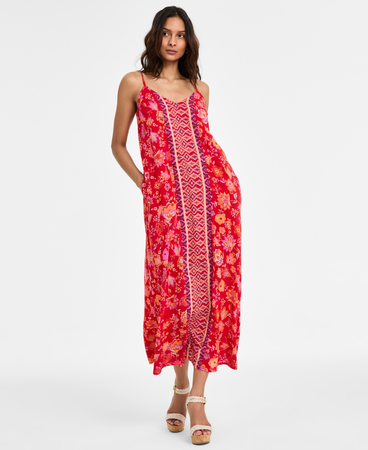 Women's Floral-Print Spaghetti-Strap Maxi Dress - Red Orange Floral