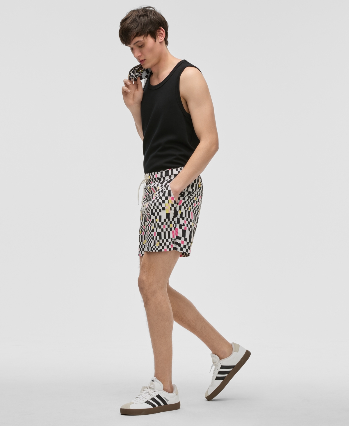 Mode Of One Men's Mixed Check Regular-fit Printed Swim Trunks, Exclusively At Macy's In Deep Black