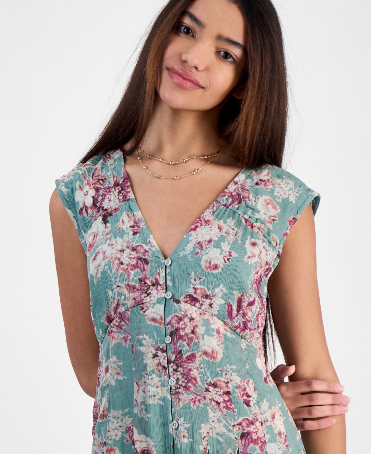 Lucky Brand Women's Pleated Button Down Midi Dress In Green Floral