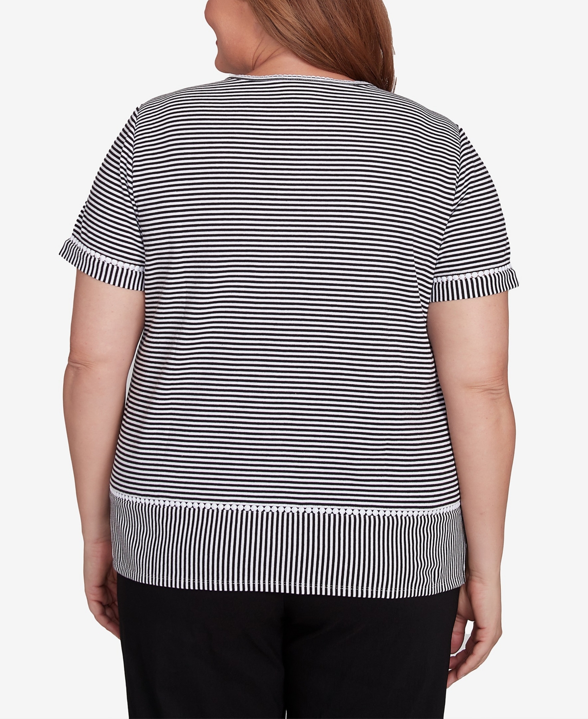 Alfred Dunner Plus Size Classic Crew Neck Parrot Striped Tee In Black