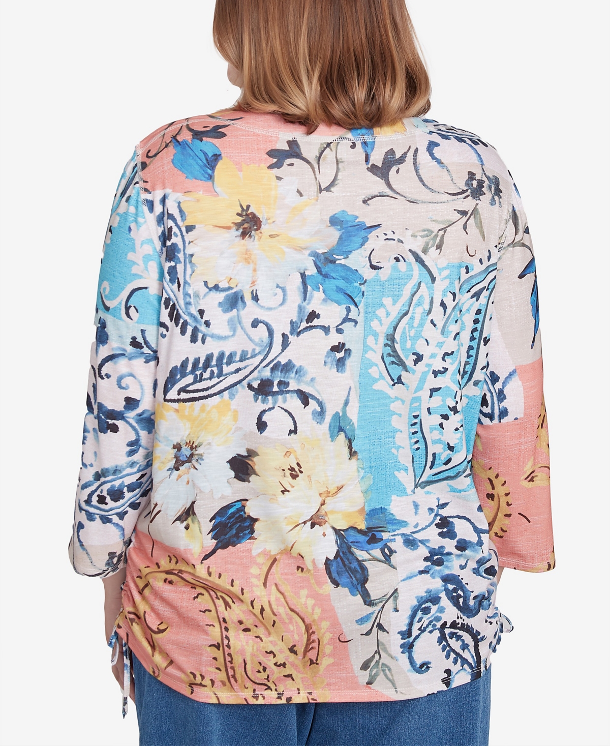 Alfred Dunner Plus Size Classic Floral Patch Drawstring Top In Navy Multi