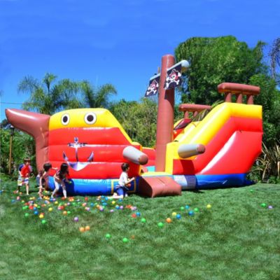 HeroKiddo 15  Pirate Ship Commercial Grade Bounce House Water Slide for Kids and Adults (with Blower), Outdoor Indoor, Wet Dry Use, Big Inflatable, Birthday Party, Rental Quality, All Seasons