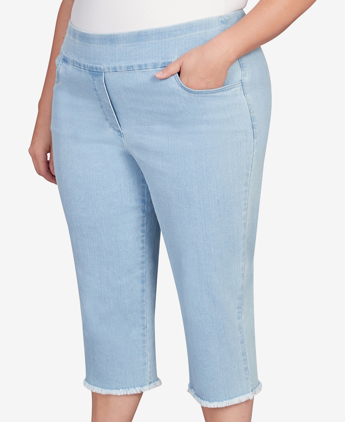 Alfred Dunner Plus Size Classic Neutrals Superstretch Denim Fringe Capri Pants In Light Denim