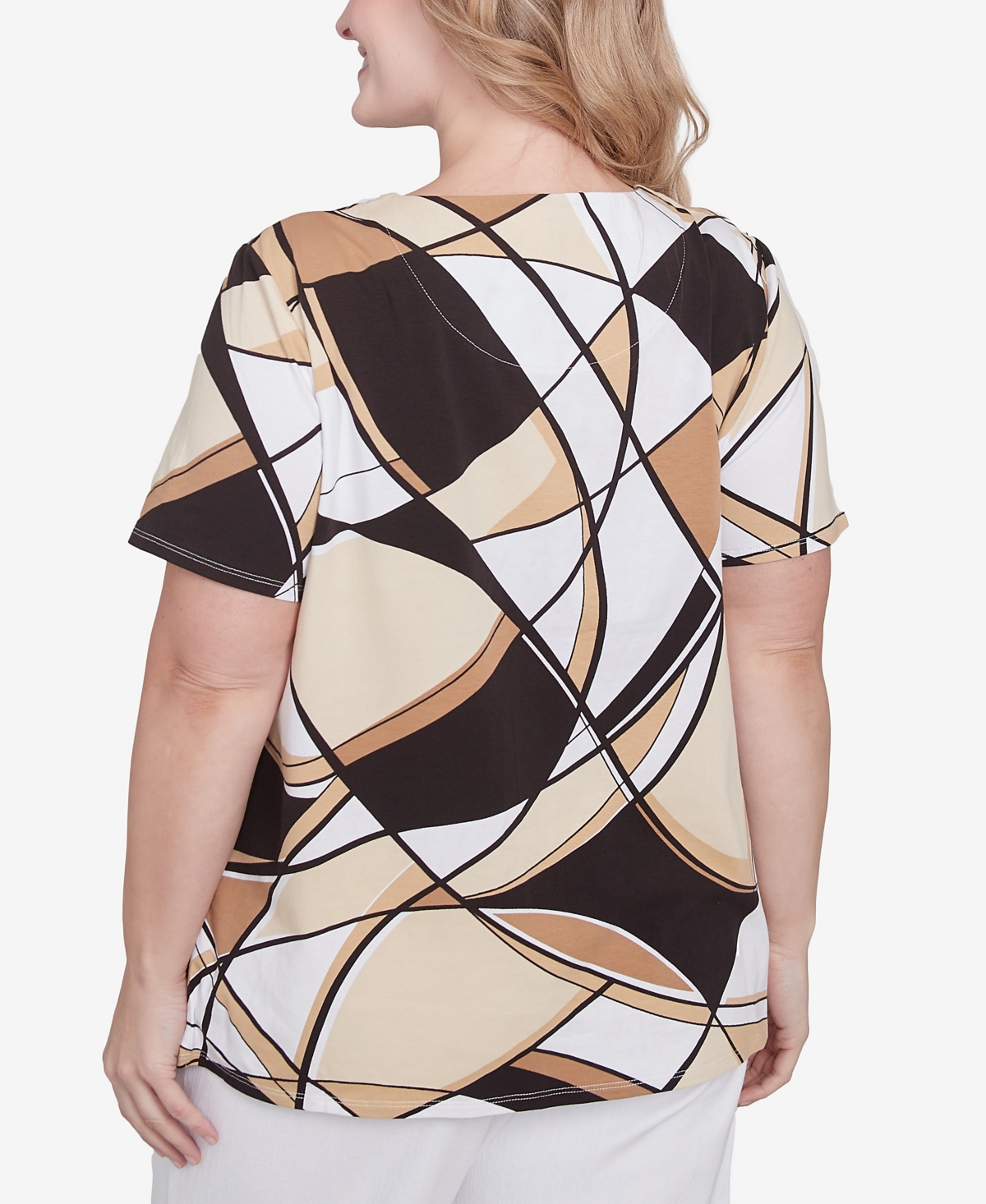 Alfred Dunner Plus Size Geometric Top With Detailed Neckline In Black,tan