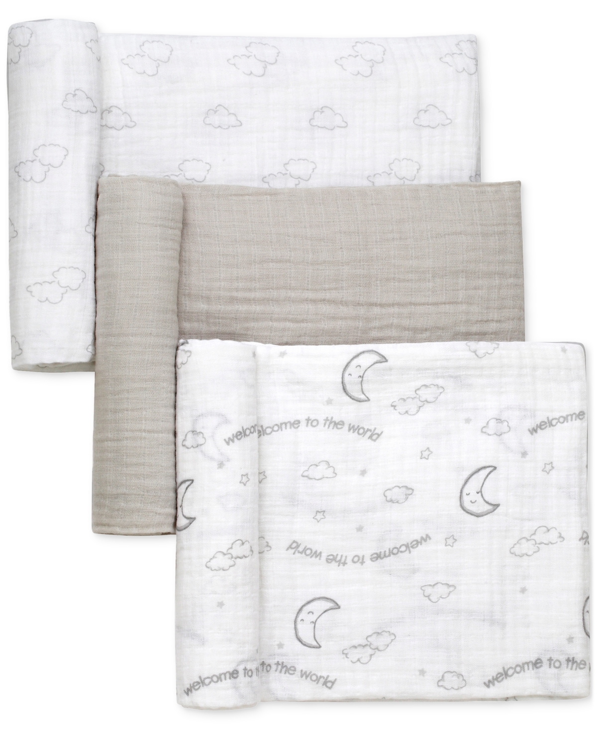 Little Me Baby 3-pc. Welcome To The World Muslin Blankets Set In Gray