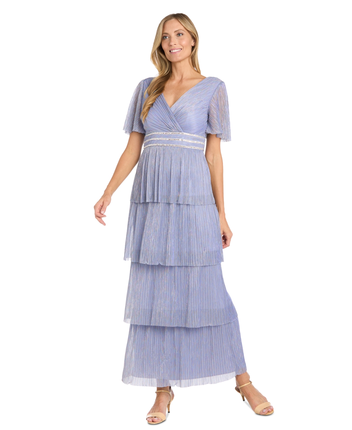 R & M Richards Women's Tiered Rhinestone-waist Pleated Gown In Lilac