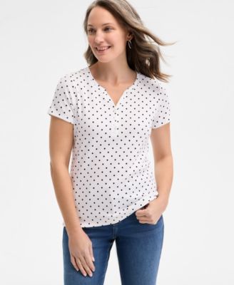Style & Co - Women's Dot-Print Split-Neck Short-Sleeve Top